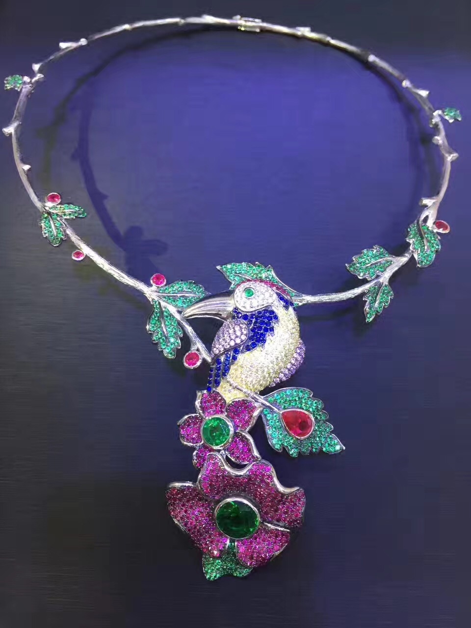 925纯银镶锆石彩色鸟项圈项链 花朵 民族风 花鸟项链