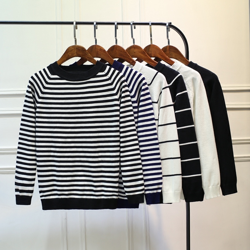 2020秋季韓版短款長袖女套頭百搭修身薄款黑白條紋針織t恤打底衫在類目 女裝/女士精品, 毛針織衫中 - 來自Buy2taobao.com提供專業的淘寶代購服務