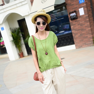 特价女装2024新款夏装大码棉麻 衬衫女宽松泡泡袖亚麻短袖衬衣t恤