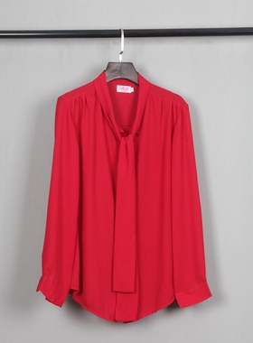 春装新款女长袖雪纺衬衫宽松大码蝴蝶结上衣OL纯色小衫红衬衫系带