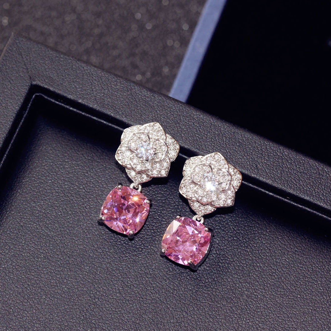 粉钻耳环短款女山茶花宝石