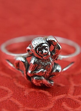 复古生肖猴戒指女999纯银创意