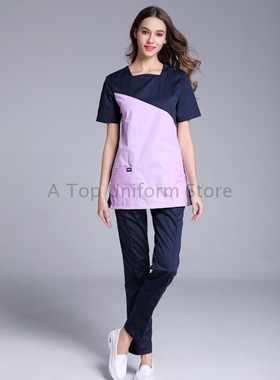 韩版U形领短袖开肩双色医美整形医院手术衣美容刷手服口腔洗手衣