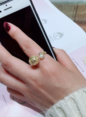 欧美经典时尚金色水晶戒指珍珠