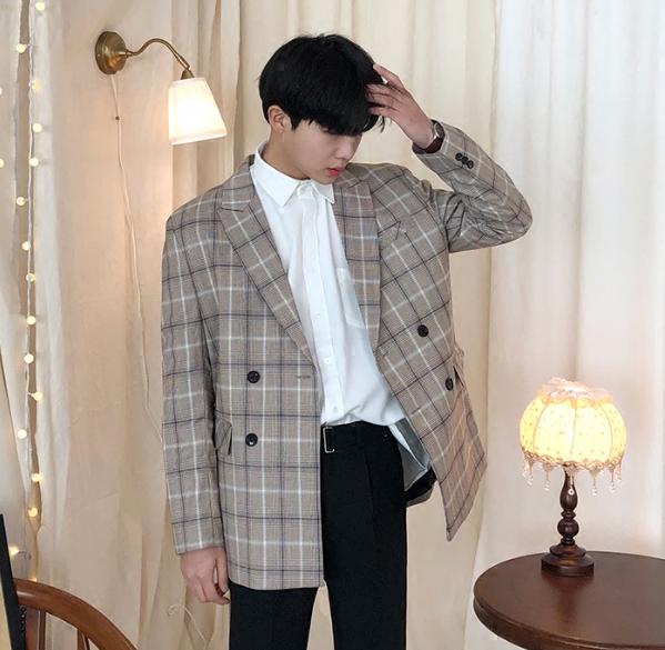 东大门韩国早春格子双排扣西服