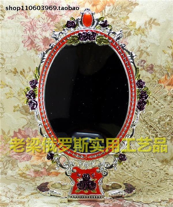 Z2俄罗斯锡金属双面折叠台式化妆镜椭圆大号银边桔红色紫红玫瑰花