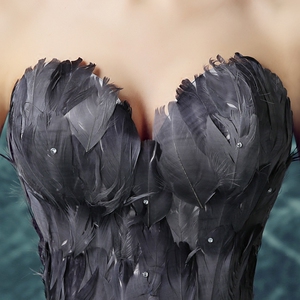 Black and gray feathers on the short tail of the breast after the short tail wedding bride dinner party stage show