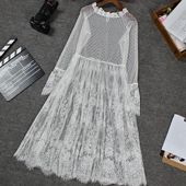 高腰镂空甜美秋冬女长款 网纱内搭打底裙长袖 蕾丝衫 透视蕾丝连衣裙