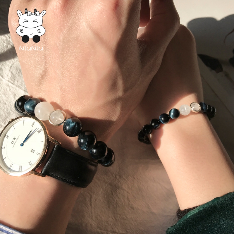 牛妞妞 天然灰蓝虎眼石手链男女鹰眼石月光石情侣水晶礼物