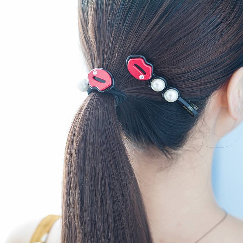 包邮韩国GRAIN de BEAUTE/AZNAVOUR红唇珍珠发夹边夹