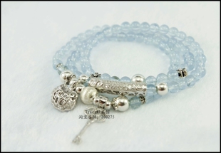 Tracy精品馆原创设计天然玻璃体海蓝宝钥匙平安锁两用款手链