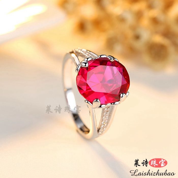 925纯银彩色宝石镀18k白金红宝石戒指日韩国指环饰品彩宝女款