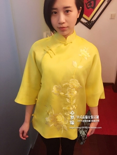 改良旗袍上衣 欧根缎偏襟盘扣短款 2016春夏新款 牡丹花绣花中式