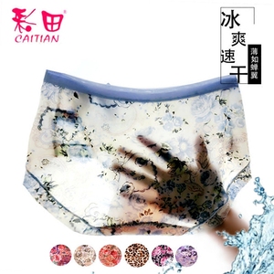 彩田冰丝内裤女中腰性感网纱腰超薄速干精美印花纯棉裆女士三角裤