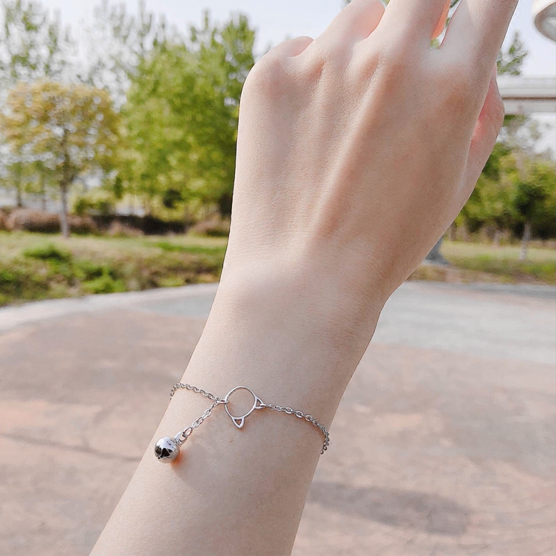 Cute small bell with tassels, fresh bracelet, accessory for students, Korean style, silver 925 sample, cat, Birthday gift