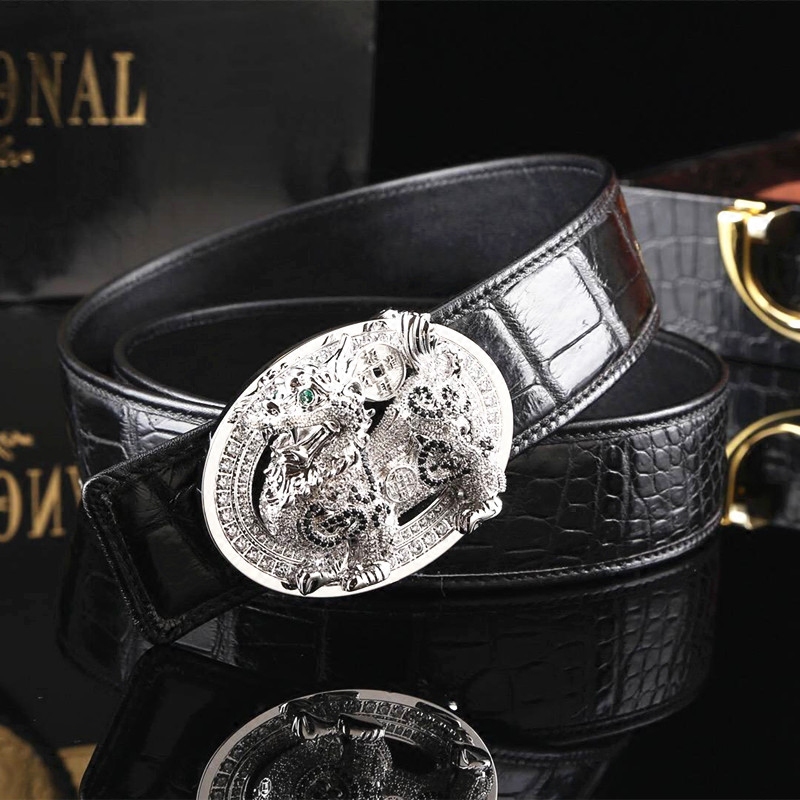 新款招财貔貅扣头尼罗鳄鱼肚皮皮带麒麟扣镶钻男士真鳄鱼皮裤腰带