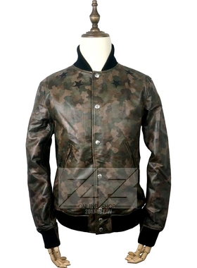 military 五星迷彩羊皮棒球夹克 真皮纯皮棒球服 camouflage CAMO