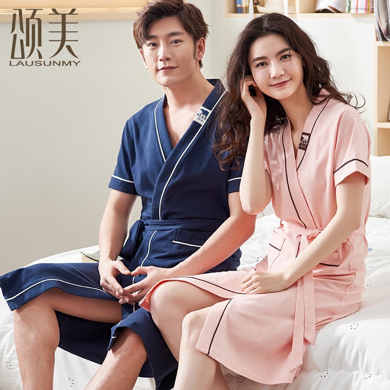 夏季纯棉情侣睡袍女薄款性感短袖日式浴衣系带睡衣夏浴袍男女纯棉