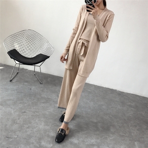 春装新款吊带针织开衫小香风休闲套装女韩版时尚宽松长裤三件套潮