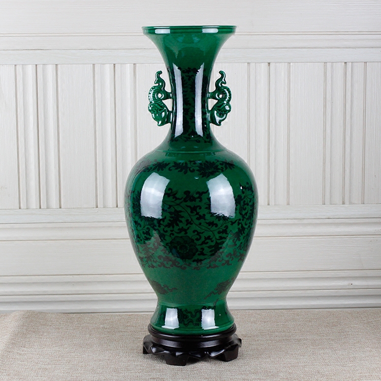 景德镇陶瓷绿釉翡翠花瓶摆件仿古大号青花瓷瓶双耳瓶绿色装饰摆件