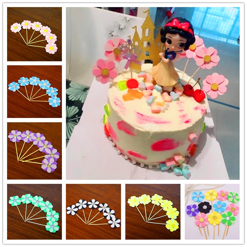 镶钻粉嫩彩色小花朵 蛋糕装饰牙签插件配件插牌 私房蛋糕装饰用品