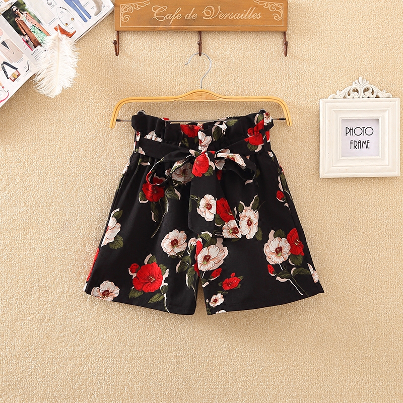 夏季腰带印花高腰短裤
