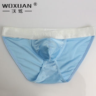 0133 WOXUAN男士 内裤 弹性锦纶拉丝亮色宽筋低腰高叉三角裤