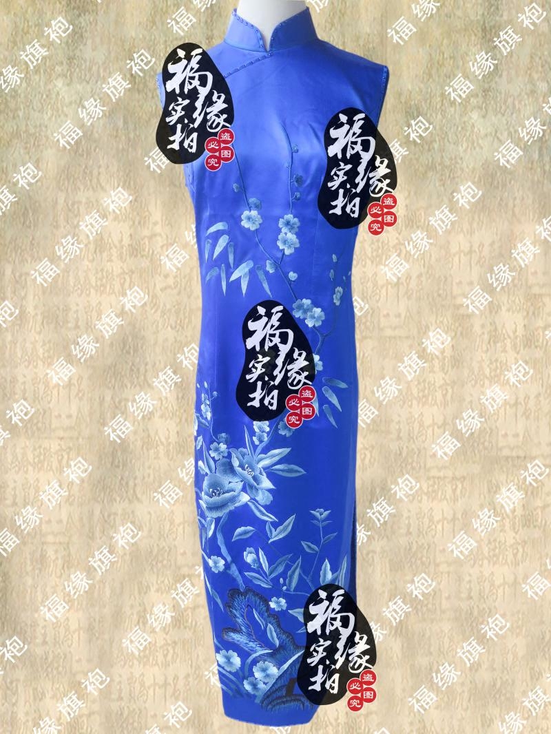 宝蓝真丝绣花旗袍裙时尚改良真丝旗袍定做唐装礼服定制