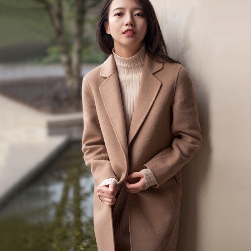 百分百澳洲纯羊毛手工双面呢大衣翻领直筒茧型一粒扣呢子羊绒外套