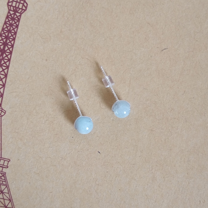 手工4/5mm天然海蓝宝足银999纯银耳钉养耳防过敏女浅蓝色小耳钉女