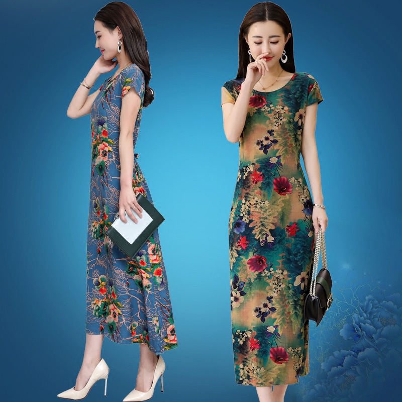妈妈装棉麻连衣裙女2018夏季长款短袖印花大码显瘦中老年女装长裙|msdalam kategori Butik wanita / wanita, wanita pertengahan umur - dari Buy2taobao.com untuk memberikan perkhidmatan ejen Taobao profesional membeli