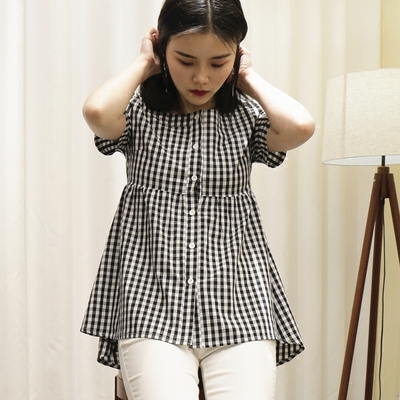 格子衬衫黑白女中长款修身显瘦