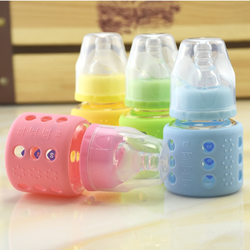 婴儿新款玻璃果汁迷你小奶瓶新生儿宝宝喂药喝水硅胶防摔60ml包邮