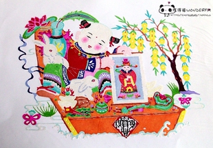 杨柳青年画娃娃款蔚县剪纸12 手工刻 宣纸染色 出国礼品 新年窗花