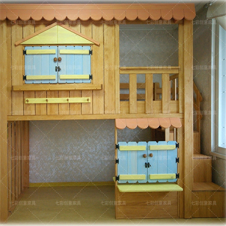 美式儿童带护栏梯柜上下床可定制