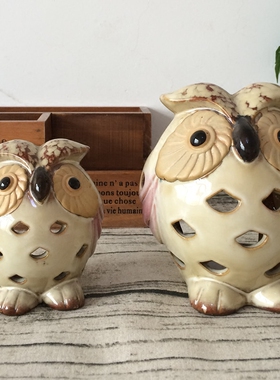 装饰品工艺摆件镂空猫头鹰 家居美式乡村高温陶瓷香薰烛台小夜灯