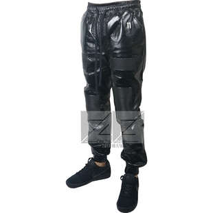 暗黑 真皮裤 样品裤 机车 亮黑色 漆皮羊皮运动裤 脚拉链 夜店 裤