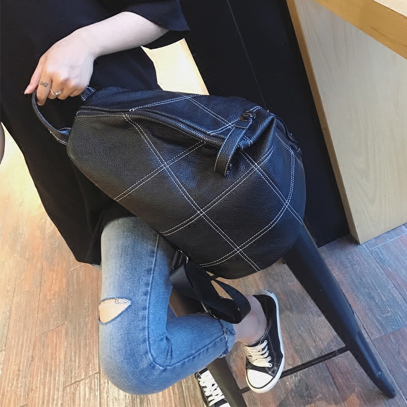 Backpack Korean Edition 2019 new pattern Lock catch Theft prevention travel knapsack Soft leather schoolbag Stitching lattice Bucket bagin the Leather/Lady bags/Men's bag, Backpack  category - from Buy2taobao.com to provide professional Taobao agent buy service