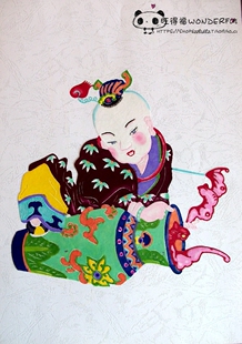 杨柳青年画娃娃款蔚县剪纸1 手工刻 宣纸染色 出国礼品 新年窗花