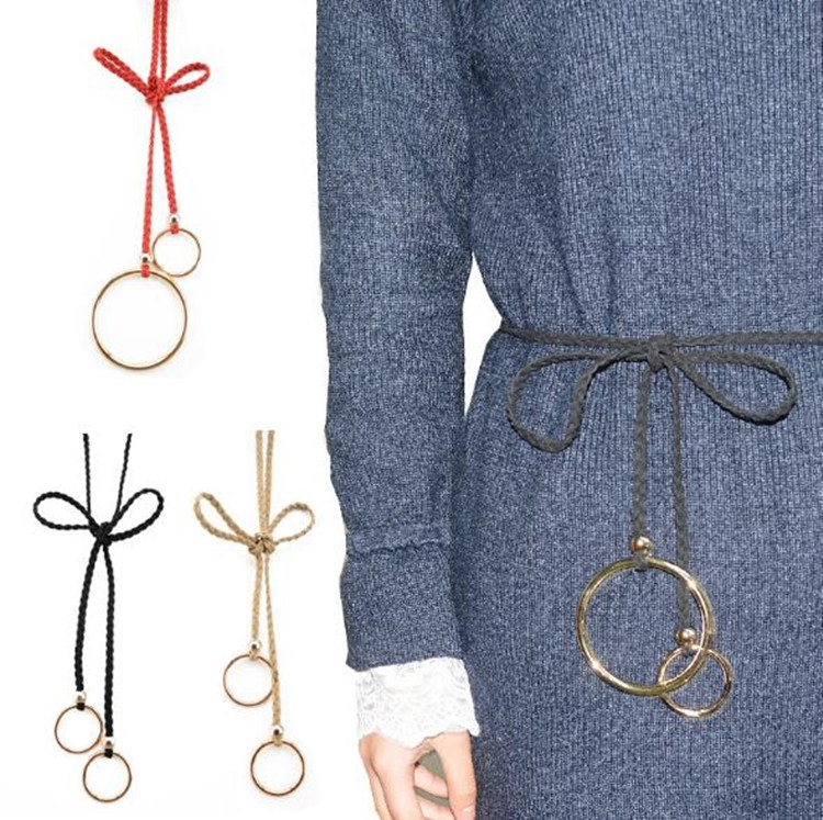 系腰绳女 百搭连衣裙圆环 细装饰韩版纯手工编织圈圈腰带时尚打结