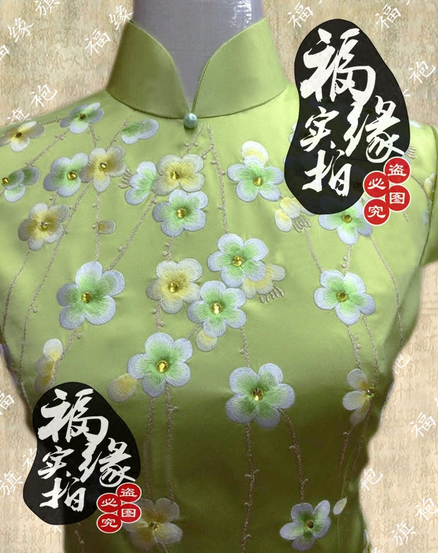 苹果绿重磅真丝绣花旗袍裙定做日常时尚改良通勤唐装连衣裙