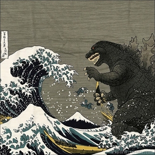 富岳三十六景 大怪兽图 哥斯拉 日本浮世绘日式透气竹节棉短袖T恤