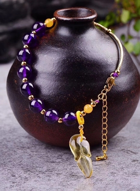 蜜蜡树叶配饰天然水晶手链