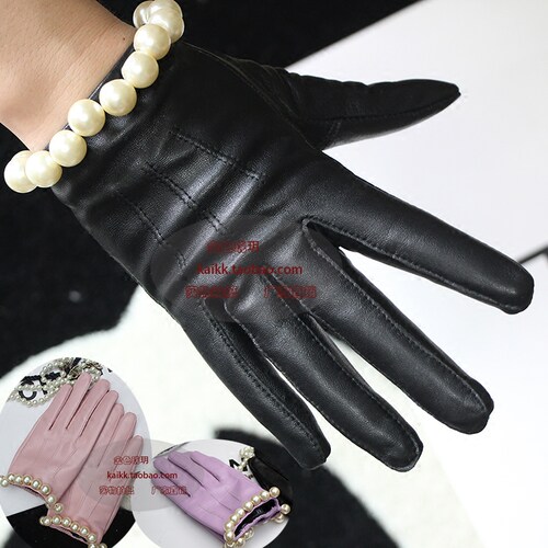 珍珠手套女士绵羊皮全指手套