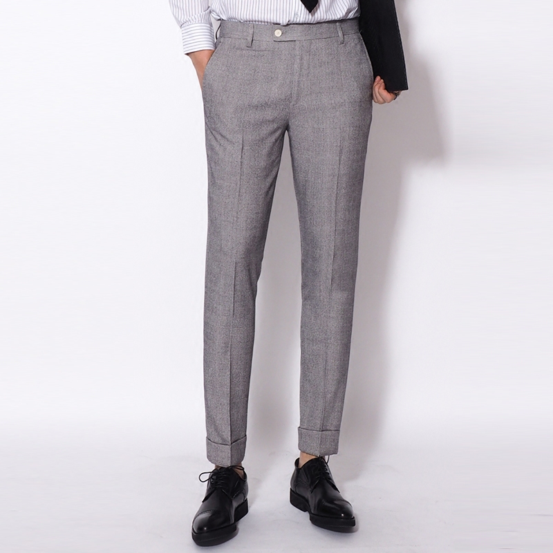 川泽时尚灰色小脚西裤男士休闲秋季韩版英伦修身西装裤格子十分裤