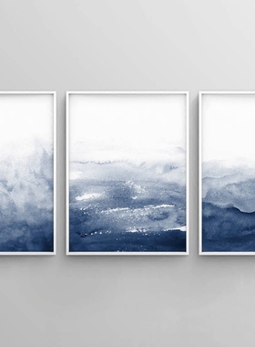Indigo 靛蓝水彩抽象艺术装饰画 蓝色简约旁白挂画客厅沙发背景墙