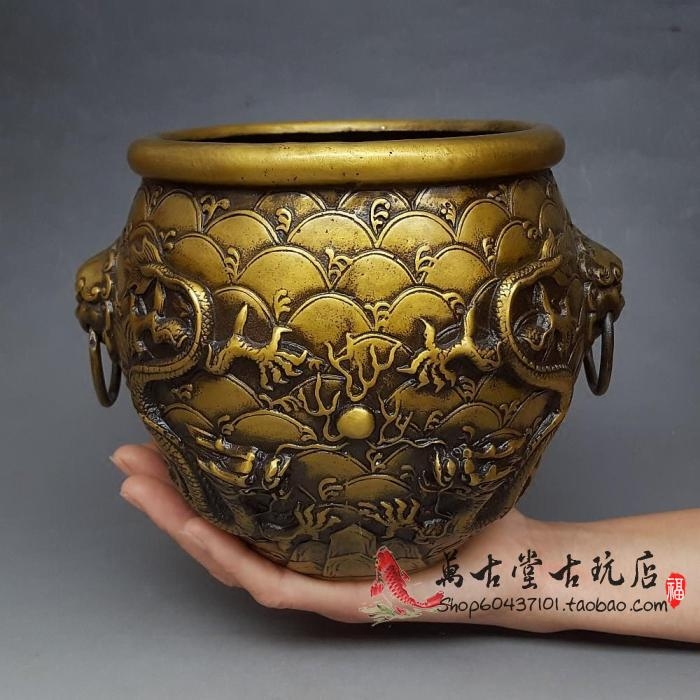 仿古大号双龙戏珠纯铜罐摆件风水招财铜缸家居装饰工艺品古玩收藏