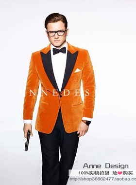 定制秋冬新品Kingsman橙色天鹅绒男士结婚礼服定制年会主持西服