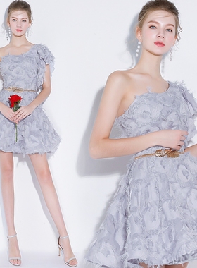 宴会晚礼服女短款单肩显瘦生日派对小礼服聚会主持人晚装裙演出服