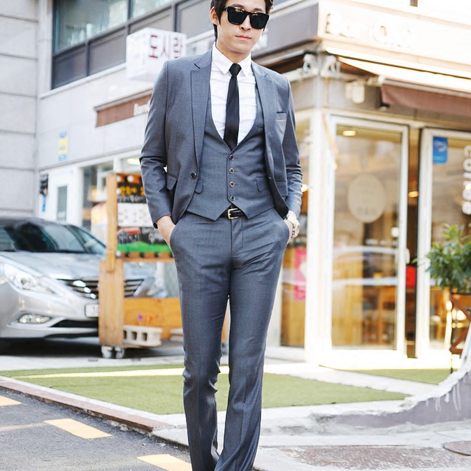 韩国新款时尚欧美英伦风西服套装配长裤 男士修身两件套西装银色